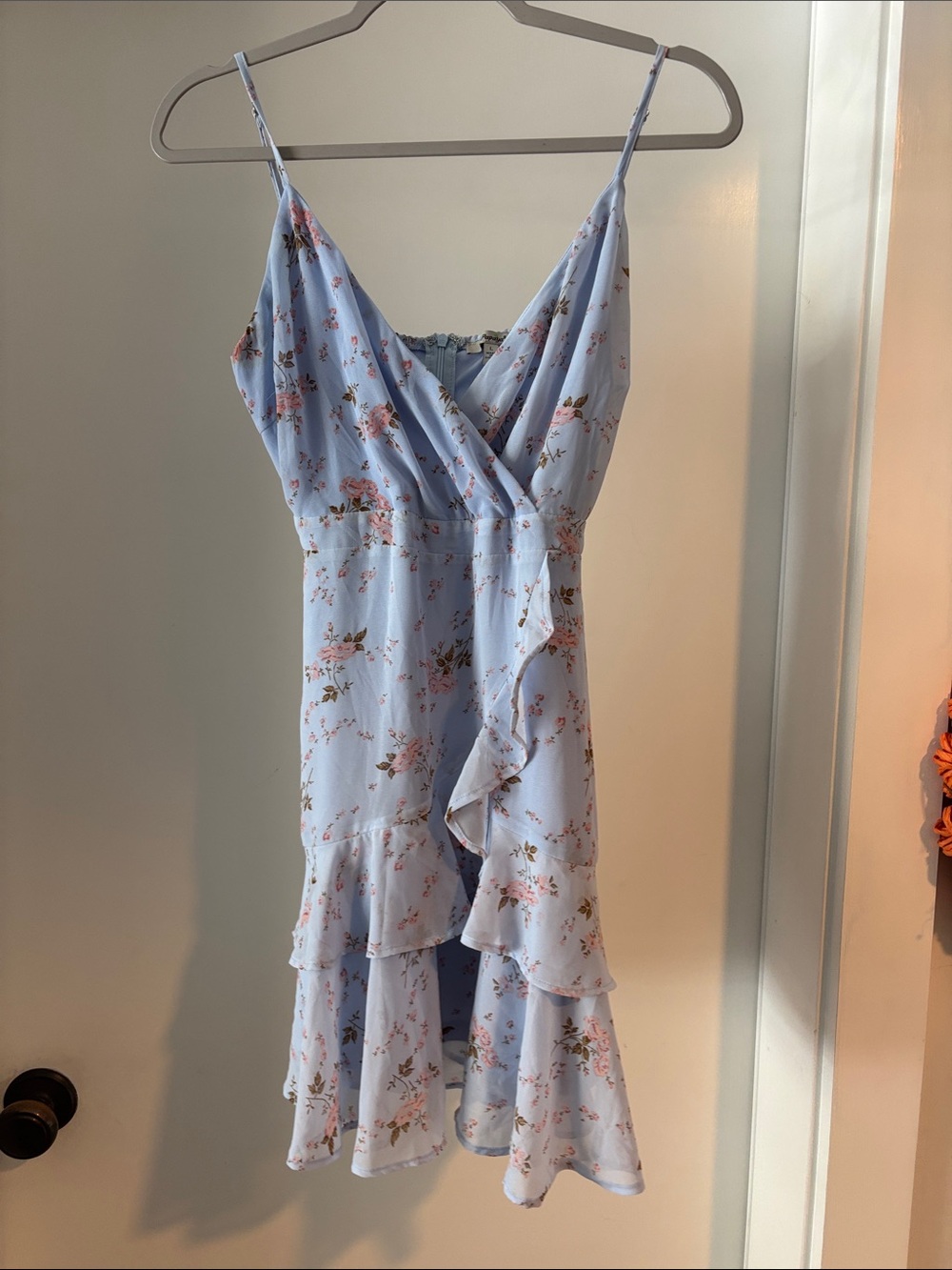 Papaya Light Blue Floral Ruffle Wrap Mini Dress